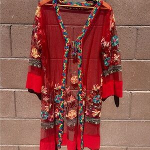 Red Sheer Embroidered Floral Kimono| Boho, Festival, hippie style| Beach Cover